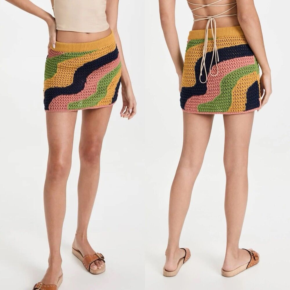 Free People Mila Crochet Mini Skirt Size L Forsythia Combo Cotton Boho NWT $108 - Picture 4 of 9